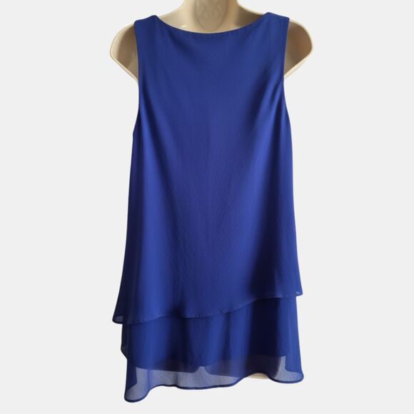 Eileen Fisher S Asym Blue Sheer 100% Silk Tunic Blouse Flowy Sleeveless - Picture 2 of 7
